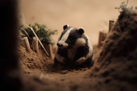 Cute badger looking out of a hole in the ground.の素材