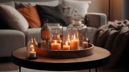Burning candles in glass bottles on round wooden tray in living roomの素材