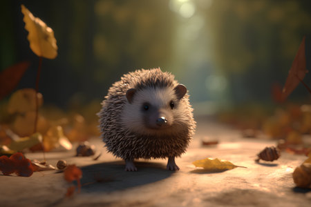 Hedgehog in autumn forest. 3D illustration. Halloween concept.の素材