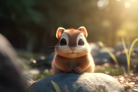 Cute squirrel sitting on a rock in the park, closeupの素材