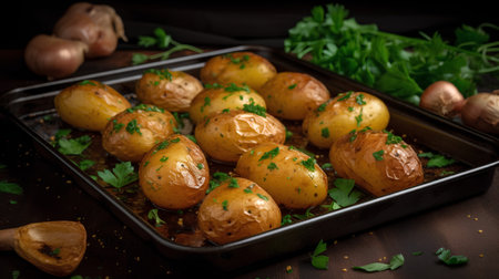 Baked potatoes with parsley and garlic on a dark background.の素材