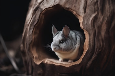 Little chinchilla looking out of a hole in a tree trunkの素材