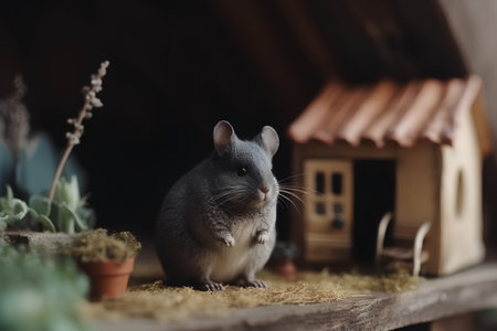 Little chinchilla in front of a wooden house with cactusの素材