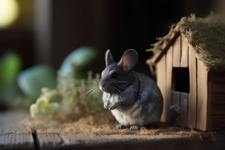 Gray chinchilla sitting in a wooden house on a wooden backgroundの素材