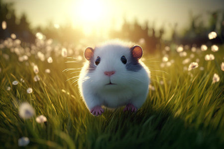 Cute white hamster on the green meadow at sunset.の素材