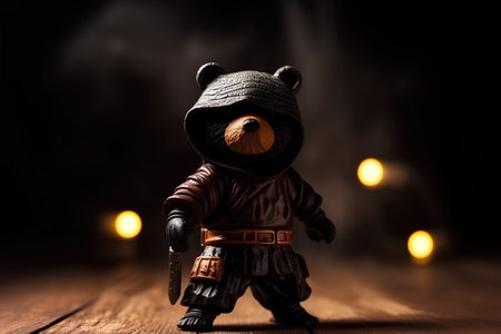 Toy bear with a sword in his hand on a dark background with lightsの素材
