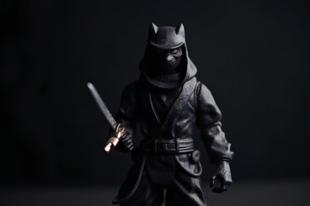 Ninja with a sword on a black background. Studio shot.の素材