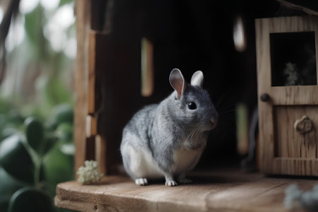 Little gray chinchilla sitting on a wooden shelf in the gardenの素材
