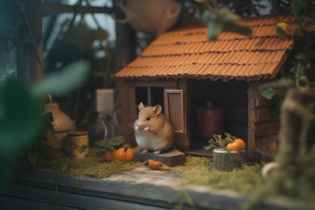 Hamster sitting on the terrace of a wooden house in the gardenの素材