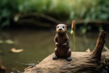 Otter sitting on a log at the river in the forestの素材