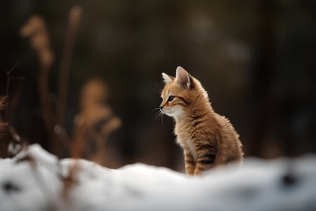 Cute little kitten in winter forest. Shallow depth of field.の素材