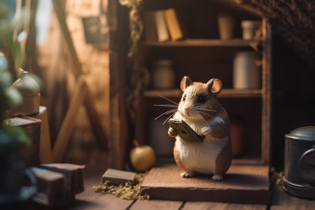 Hamster with a book on a wooden table in a rustic styleの素材
