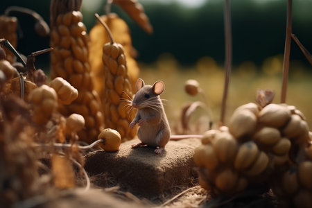 Small mouse on a wheat field, close-up, selective focusの素材