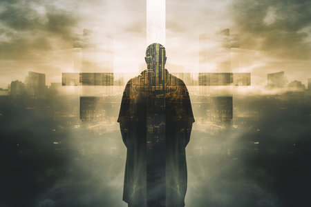 Silhouette of a man against the background of a futuristic cityの素材