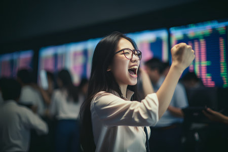 Portrait of asian businesswoman cheering and looking at monitor with stock market data.の素材