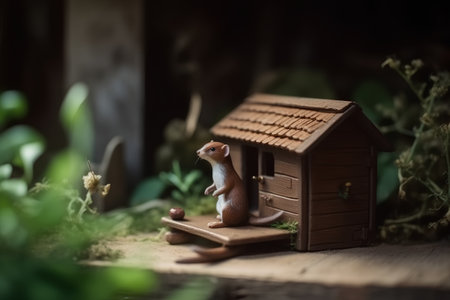 Little mouse in front of a wooden toy house on a wooden backgroundの素材