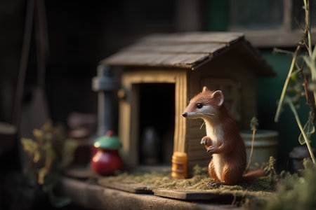 Cute little weasel with wooden house in background, selective focusの素材