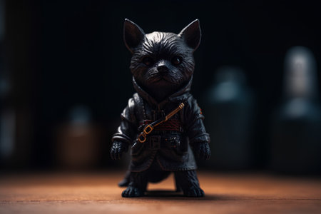 Dog figurine in the form of a pirate on a dark backgroundの素材