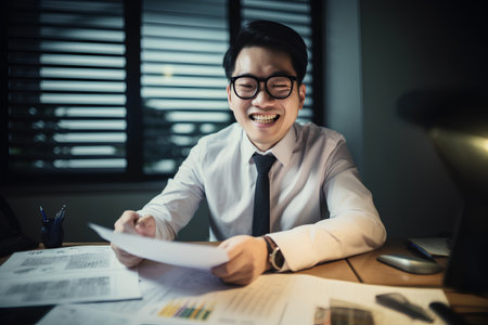 Young Asian businessman working in office, he is happy and smiling.の素材