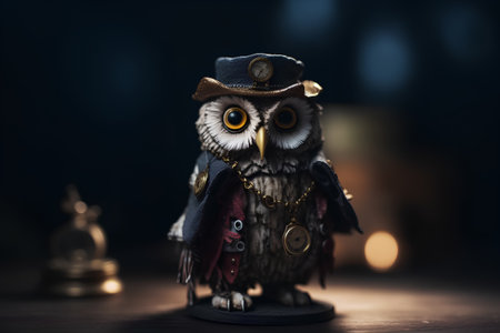 Owl in the hat of a pirate on a dark background.の素材