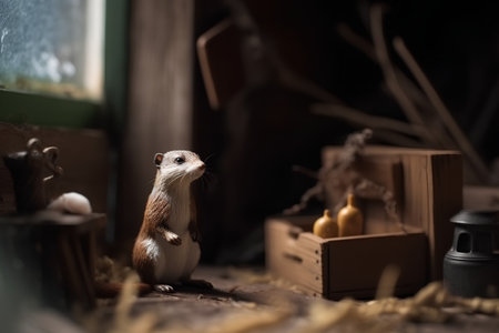 Little ferret in a wooden box on the background of an old windowの素材
