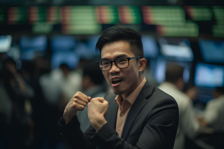 Portrait of young Asian business man in suit and glasses celebrating his success at the office.の素材