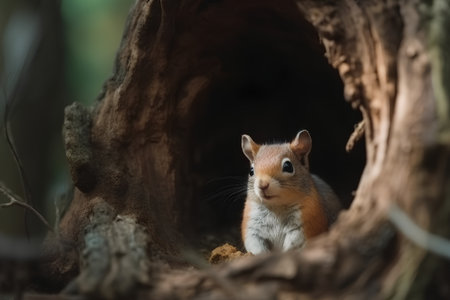 Cute squirrel in a hole in the tree in the forest.の素材