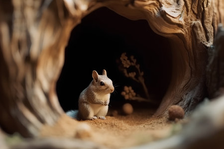 A chipmunk looking out of a hole in a tree.の素材
