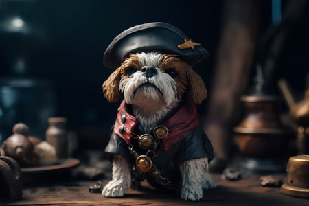 Shih tzu dog dressed up as a pirate, still lifeの素材