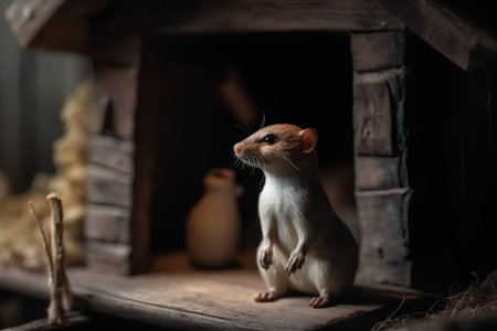 Cute little mouse in a small wooden house. Dark background.の素材