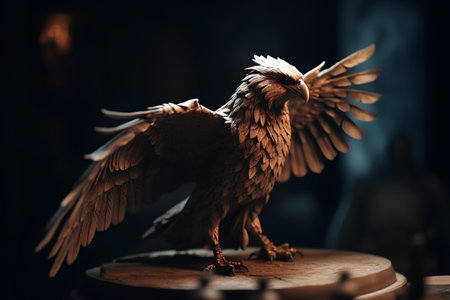 Golden Eagle with open wings in a dark room. 3d renderingの素材