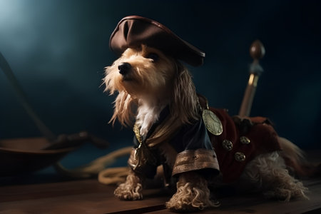 Yorkshire Terrier in a pirate costume and a hat on a dark backgroundの素材