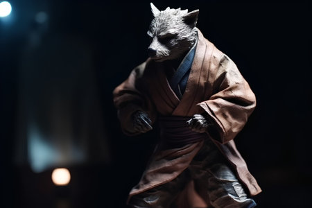 Cute little raccoon in a coat and tie in a dark roomの素材