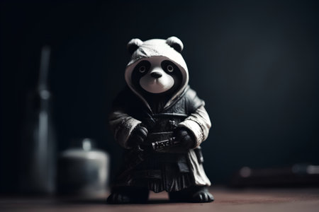 Panda figurine with a gun in his hand on a dark backgroundの素材