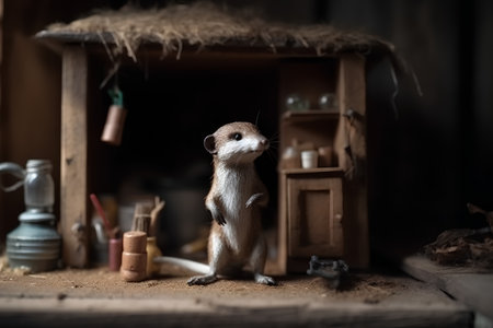 Dwarf Mouse in a little wooden house. Animal theme.の素材