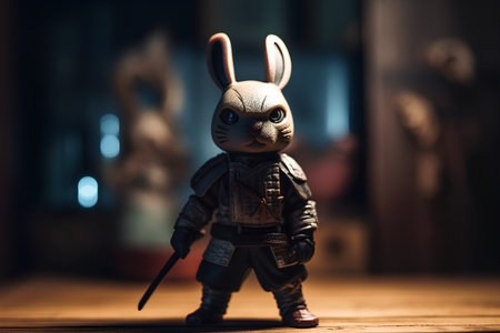 Rabbit toy in front of a window in a dark room.の素材