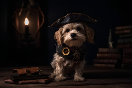 Cute little dog in pirate costume and old book on dark backgroundの素材