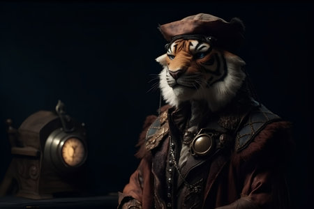 Tiger dressed as a pirate against a dark background with a vintage clockの素材