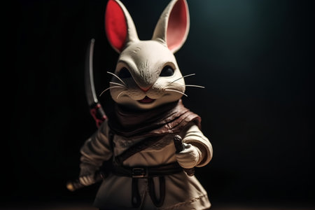 rabbit with a knife in his hands on a dark background.の素材