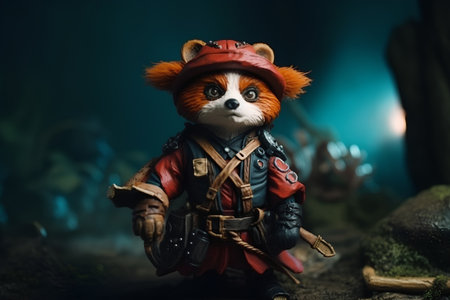 Figure of a red fox in a steampunk costume on a dark backgroundの素材