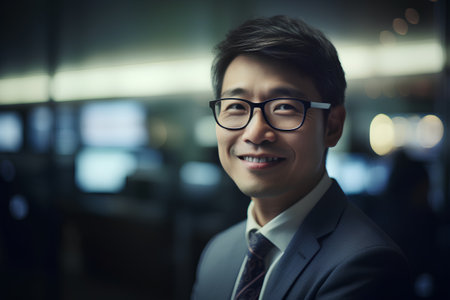 Portrait of Asian business man smiling and looking at camera in officeの素材