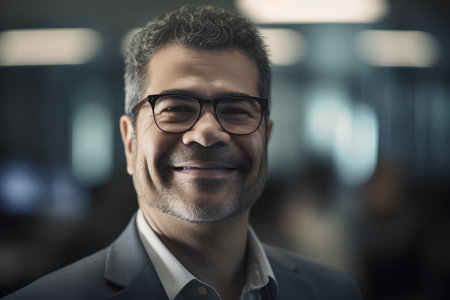 Portrait of smiling businessman with eyeglasses looking at camera in officeの素材