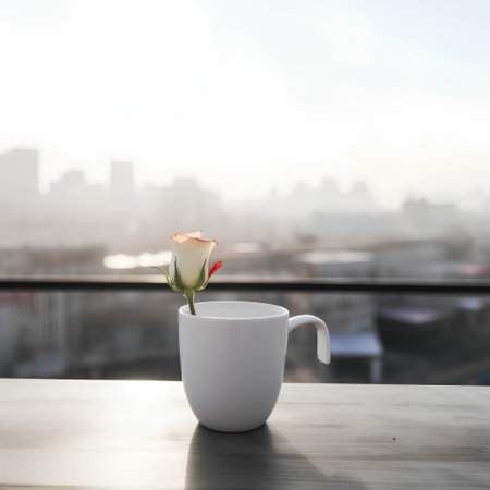 Coffee cup and rose on the table with city view backgroundの素材