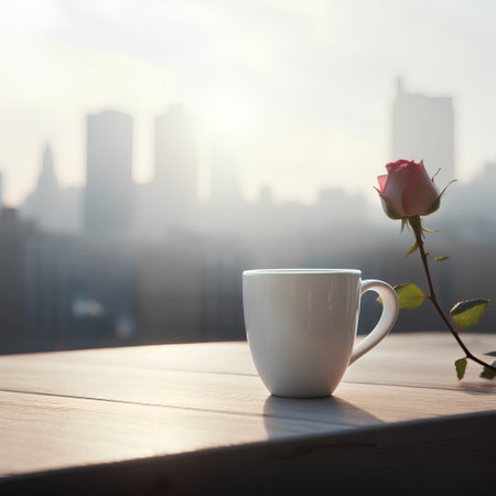 Coffee cup and rose on wooden table with cityscape backgroundの素材