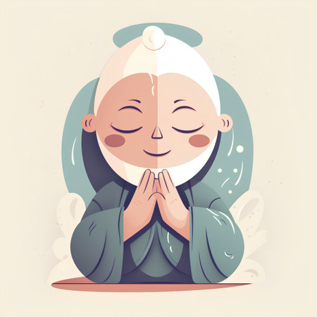 Elderly woman praying with closed eyes. Vector illustration in cartoon style.の素材