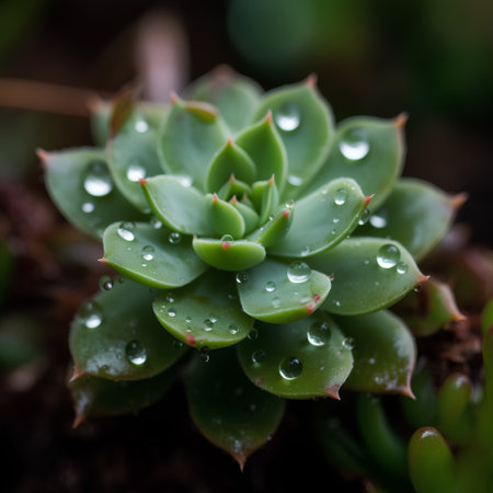 Close up of succulent plant with dew drops in the gardenの素材