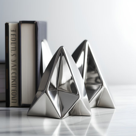 Conceptual image with books and silver pyramid. 3d renderingの素材