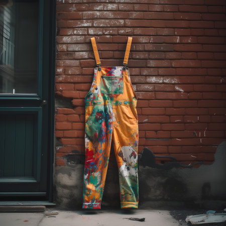Colorful overalls hanging on the clothesline in front of brick wallの素材