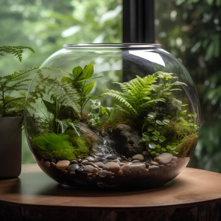 Small terrarium with green plants and stones on a wooden table.の素材