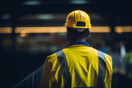 Rear view of a male engineer or architect wearing a yellow safety helmet and reflective vest standing in a construction site.の素材